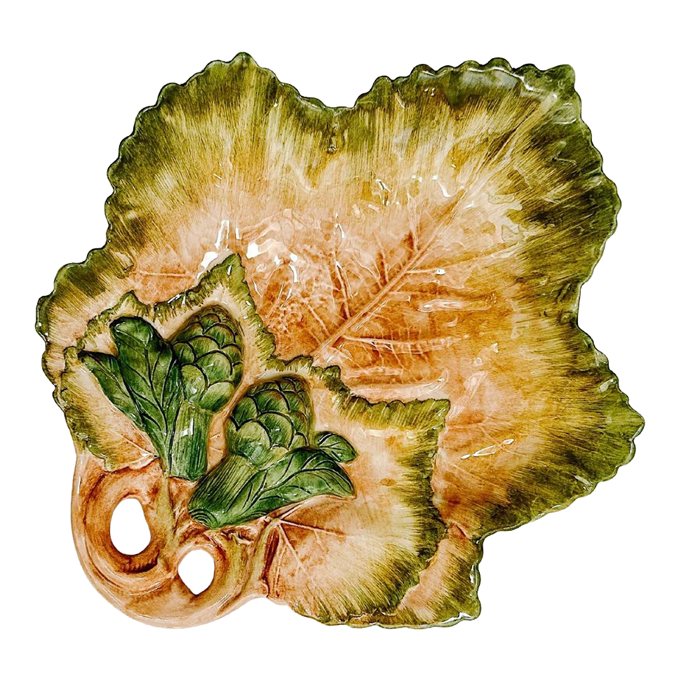 Italian Majolica Maple Leaf Plate With Artichoke Globes