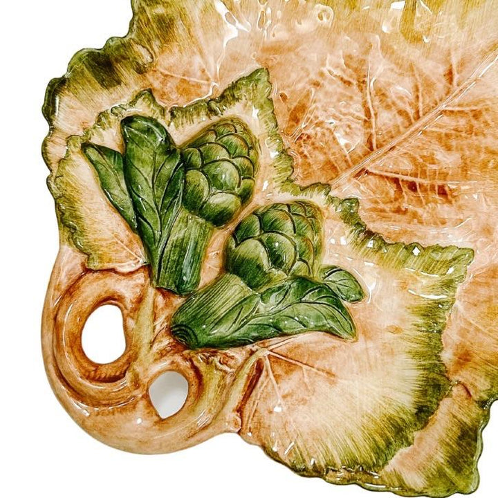 Italian Majolica Maple Leaf Plate With Artichoke Globes