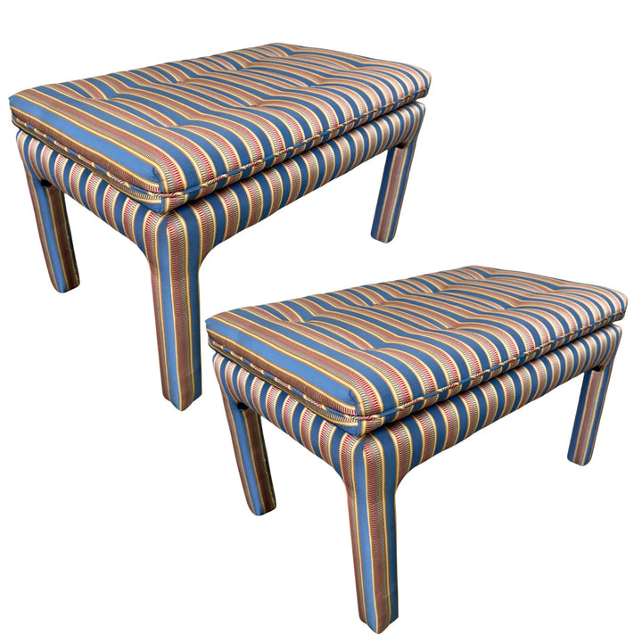 1990s Parsons Style Large Button-Tufted Ottomans or Benches in Striped Upholstery