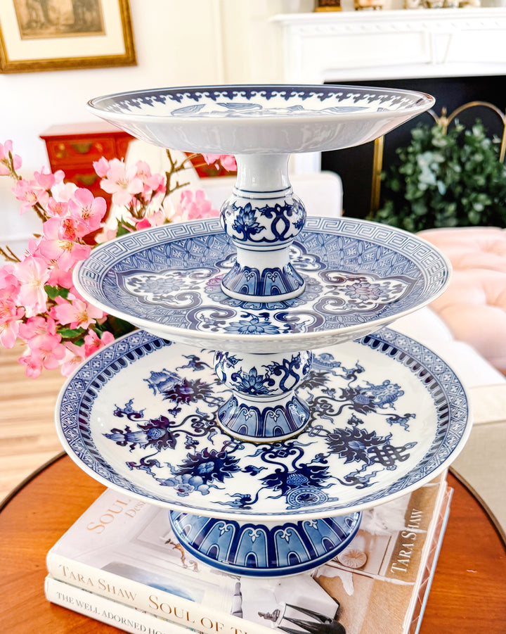 Large Chinoiserie Blue & White 3-Tier Porcelain Serving Stand by Bombay