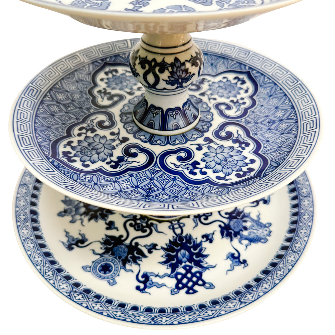Large Chinoiserie Blue & White 3-Tier Porcelain Serving Stand by Bombay
