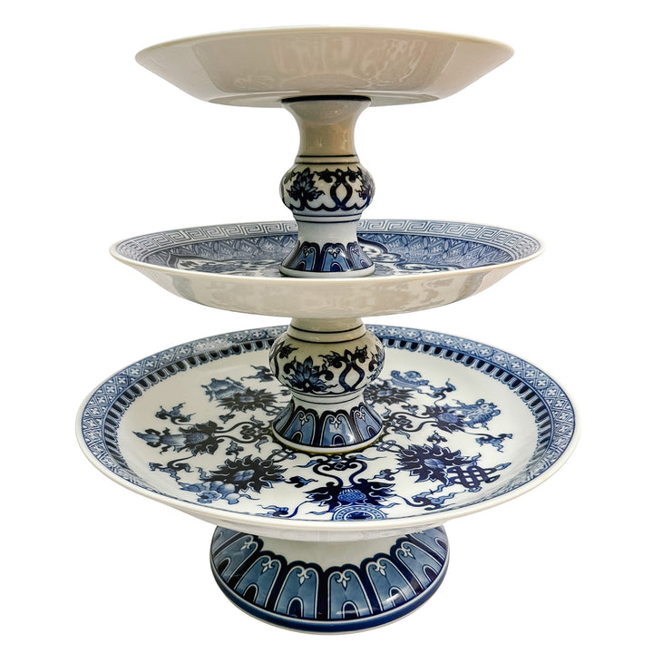 Large Chinoiserie Blue & White 3-Tier Porcelain Serving Stand by Bombay