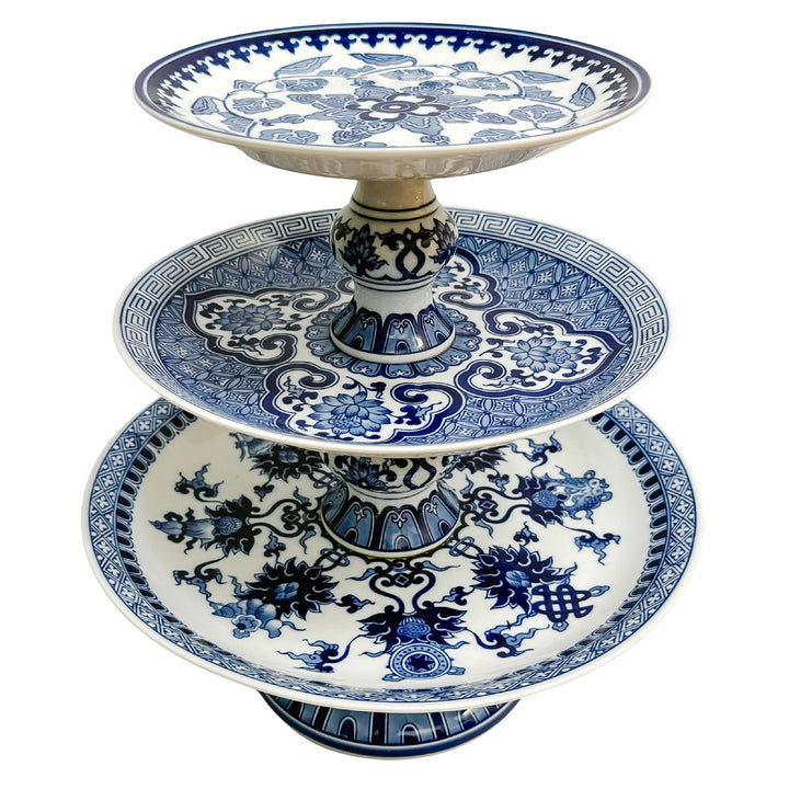 Large Chinoiserie Blue & White 3-Tier Porcelain Serving Stand by Bombay