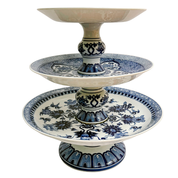 Large Chinoiserie Blue & White 3-Tier Porcelain Serving Stand by Bombay