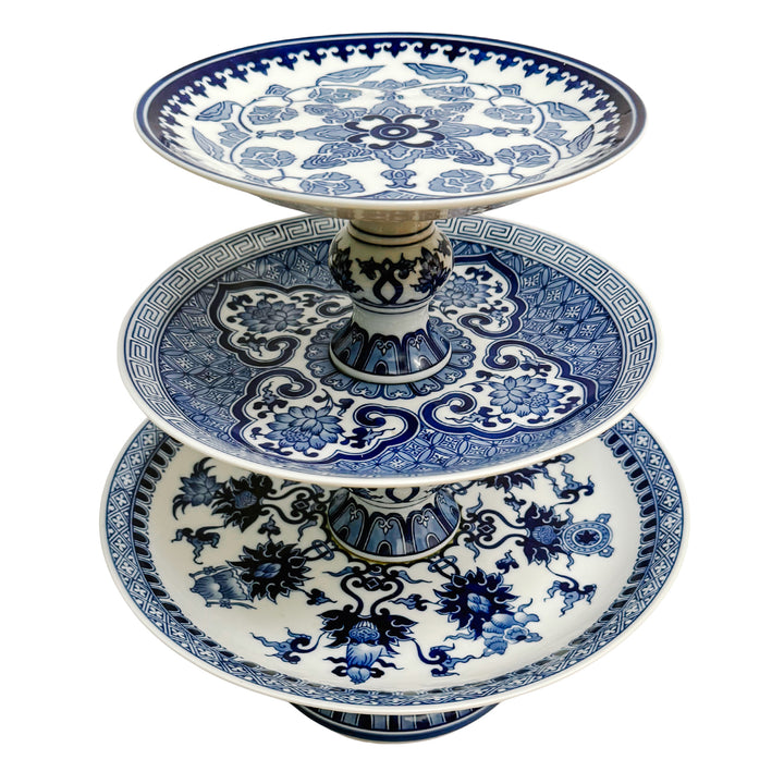 Large Chinoiserie Blue & White 3-Tier Porcelain Serving Stand by Bombay