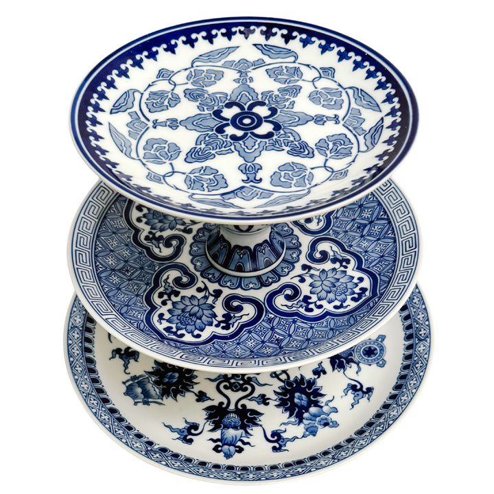 Large Chinoiserie Blue & White 3-Tier Porcelain Serving Stand by Bombay