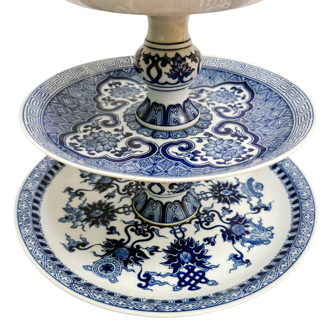 Large Chinoiserie Blue & White 3-Tier Porcelain Serving Stand by Bombay