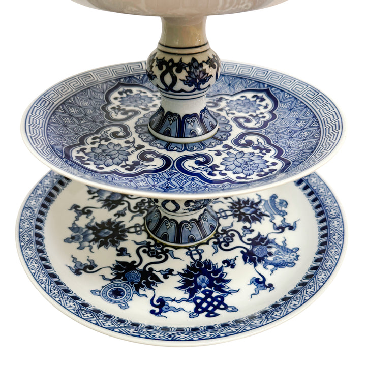 Large Chinoiserie Blue & White 3-Tier Porcelain Serving Stand by Bombay