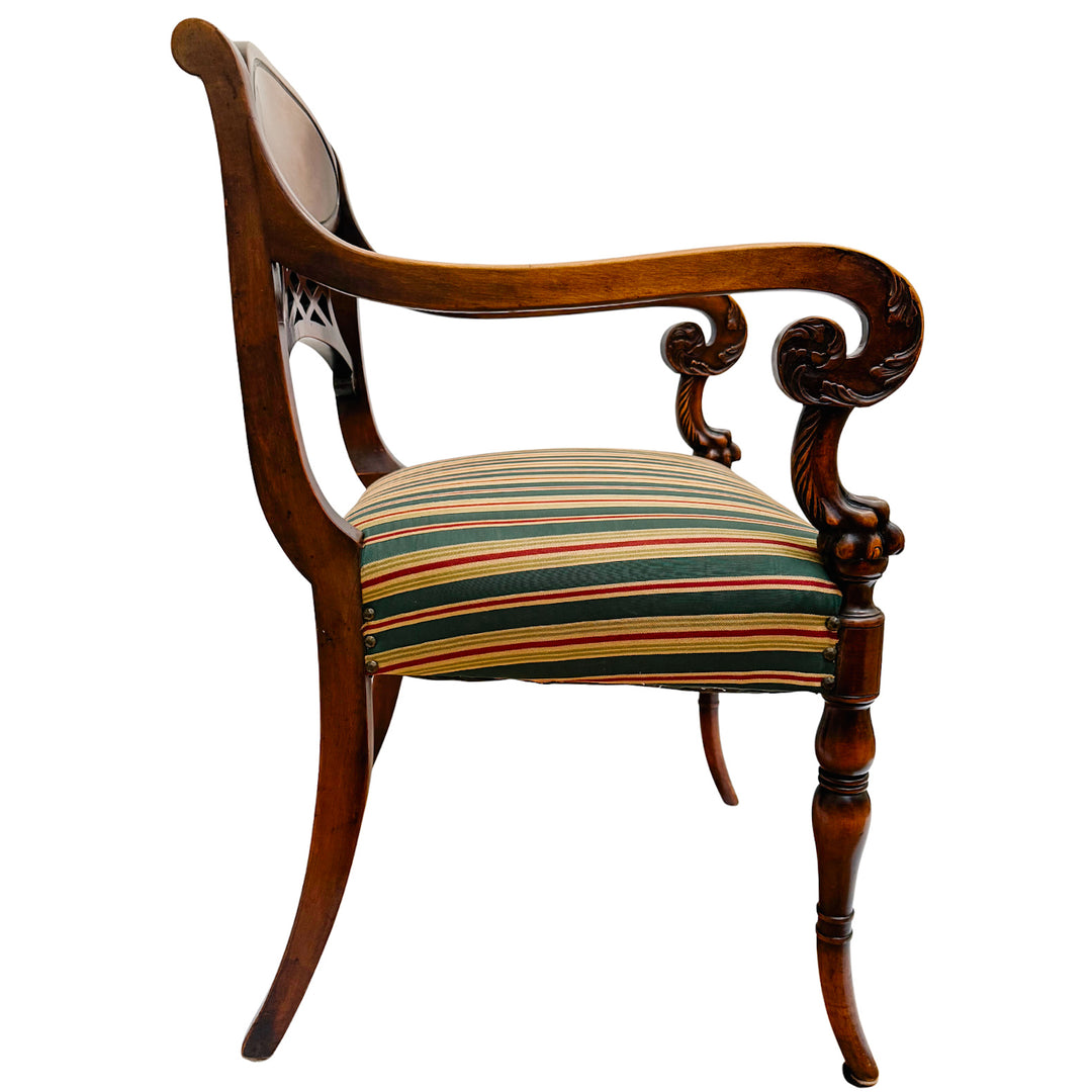 English Regency Sheraton Chair With Carved Lion's Paws and Lattice Back