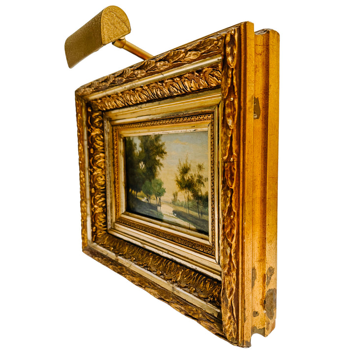 19th Century European Landscape Oil on Board Painting With Ornate Frame and Light
