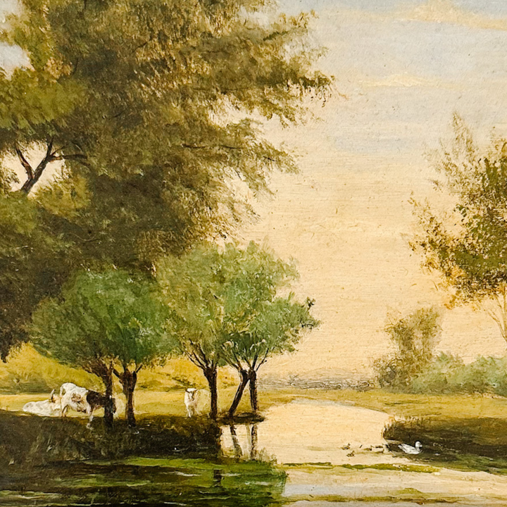 19th Century European Landscape Oil on Board Painting With Ornate Frame and Light