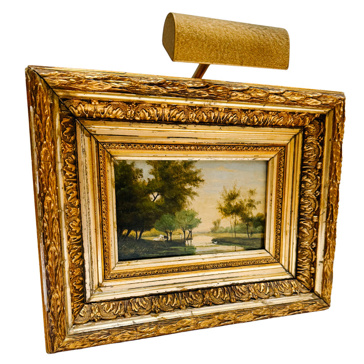 19th Century European Landscape Oil on Board Painting With Ornate Frame and Light