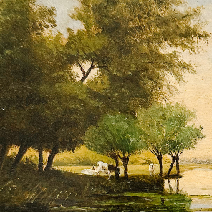 19th Century European Landscape Oil on Board Painting With Ornate Frame and Light