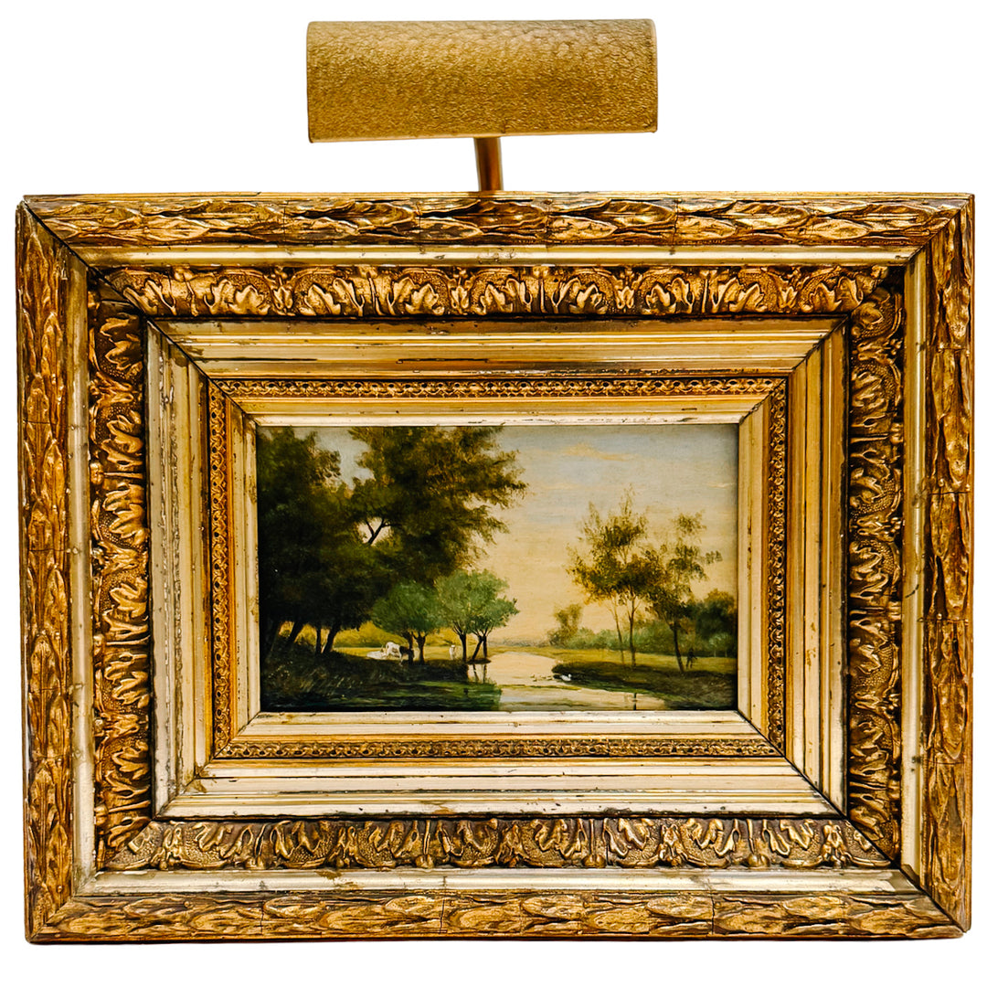 19th Century European Landscape Oil on Board Painting With Ornate Frame and Light