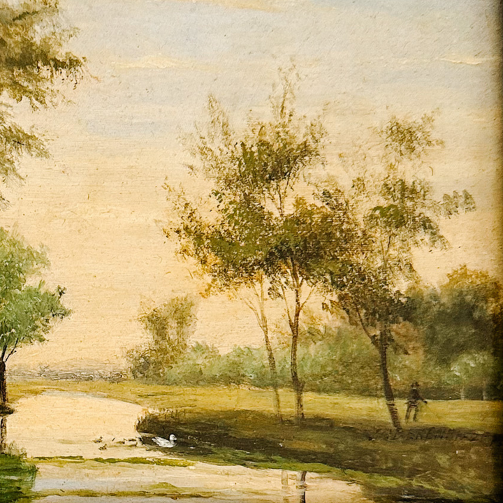 19th Century European Landscape Oil on Board Painting With Ornate Frame and Light