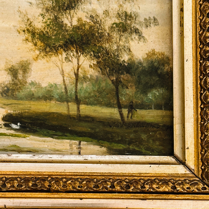 19th Century European Landscape Oil on Board Painting With Ornate Frame and Light