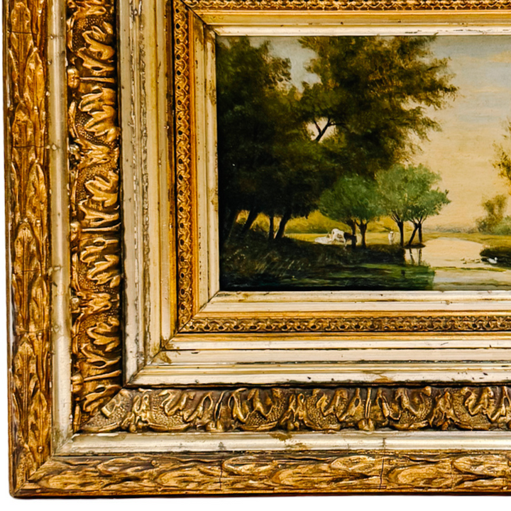 19th Century European Landscape Oil on Board Painting With Ornate Frame and Light
