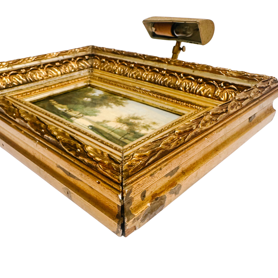 19th Century European Landscape Oil on Board Painting With Ornate Frame and Light