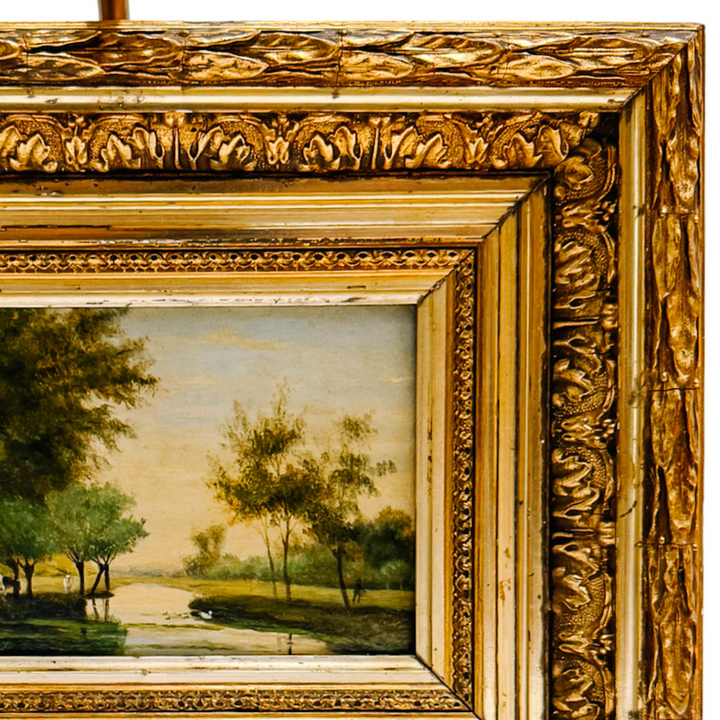 19th Century European Landscape Oil on Board Painting With Ornate Frame and Light