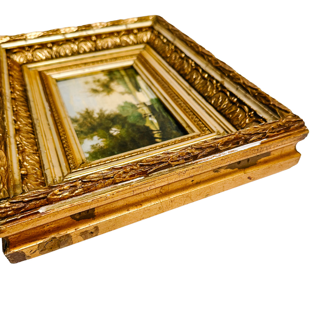 19th Century European Landscape Oil on Board Painting With Ornate Frame and Light