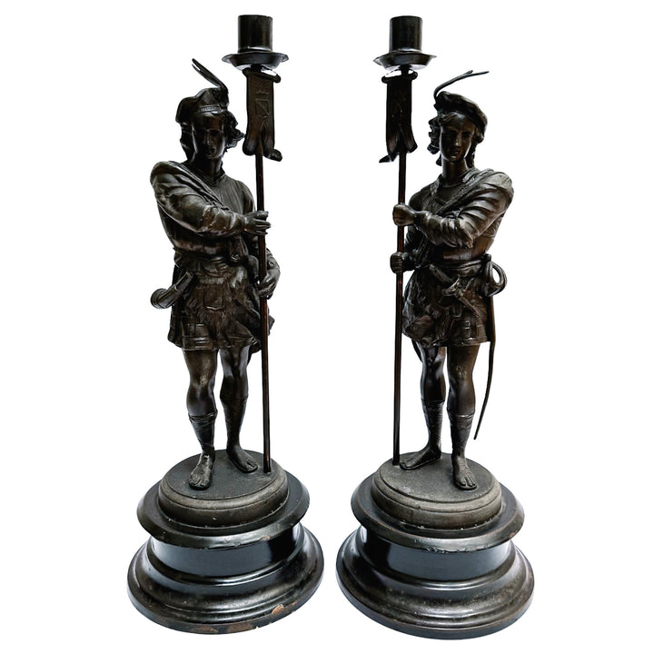19th Century French Antique Spelter Figural Candlesticks – Pair of Renaissance Troubadour Warriors