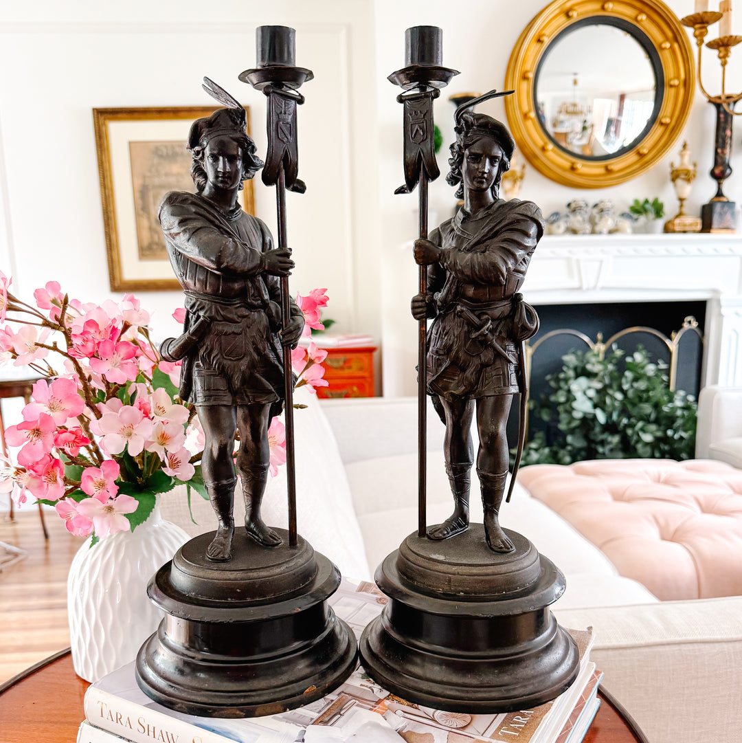 19th Century French Antique Spelter Figural Candlesticks – Pair of Renaissance Troubadour Warriors