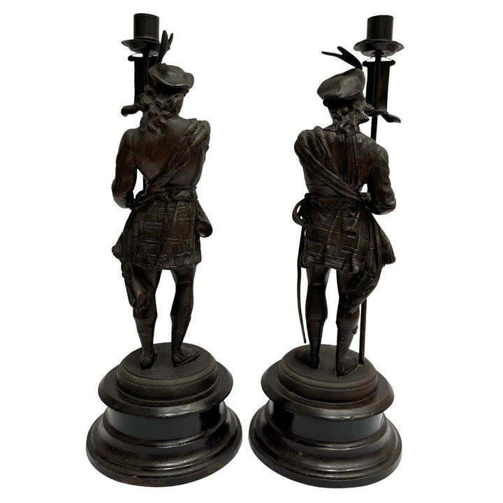 19th Century French Antique Spelter Figural Candlesticks – Pair of Renaissance Troubadour Warriors