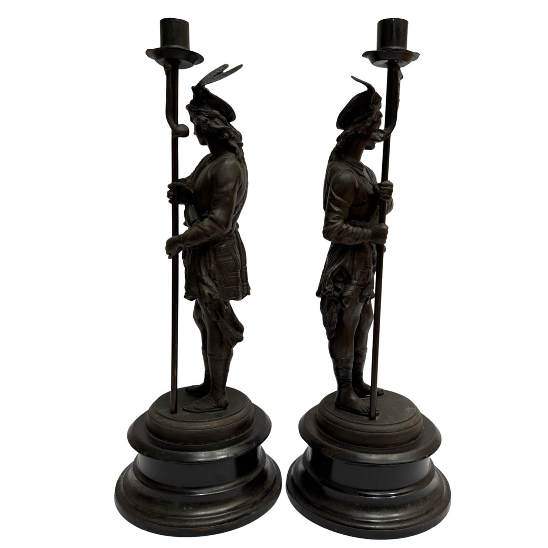 19th Century French Antique Spelter Figural Candlesticks – Pair of Renaissance Troubadour Warriors