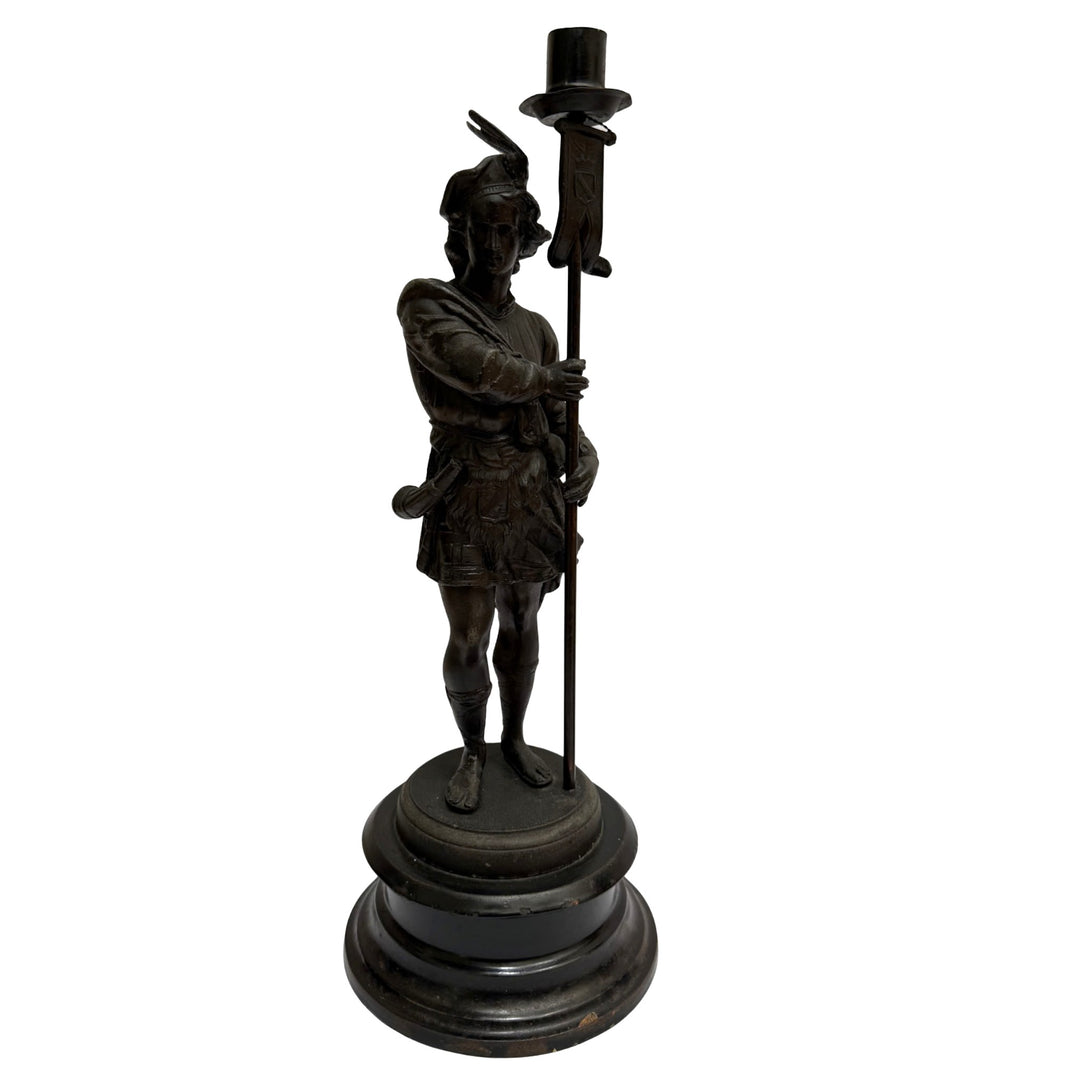 19th Century French Antique Spelter Figural Candlesticks – Pair of Renaissance Troubadour Warriors