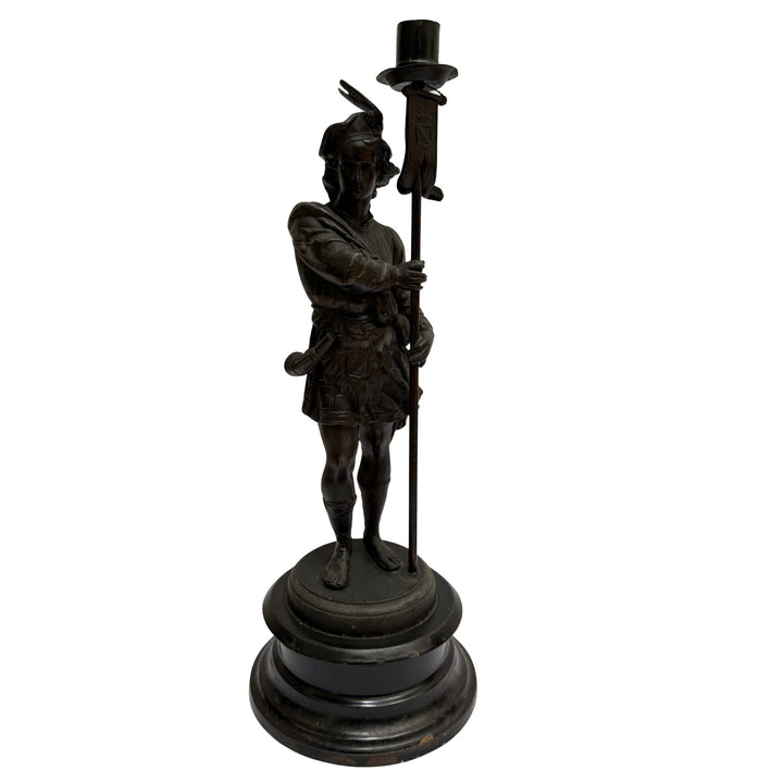 19th Century French Antique Spelter Figural Candlesticks – Pair of Renaissance Troubadour Warriors
