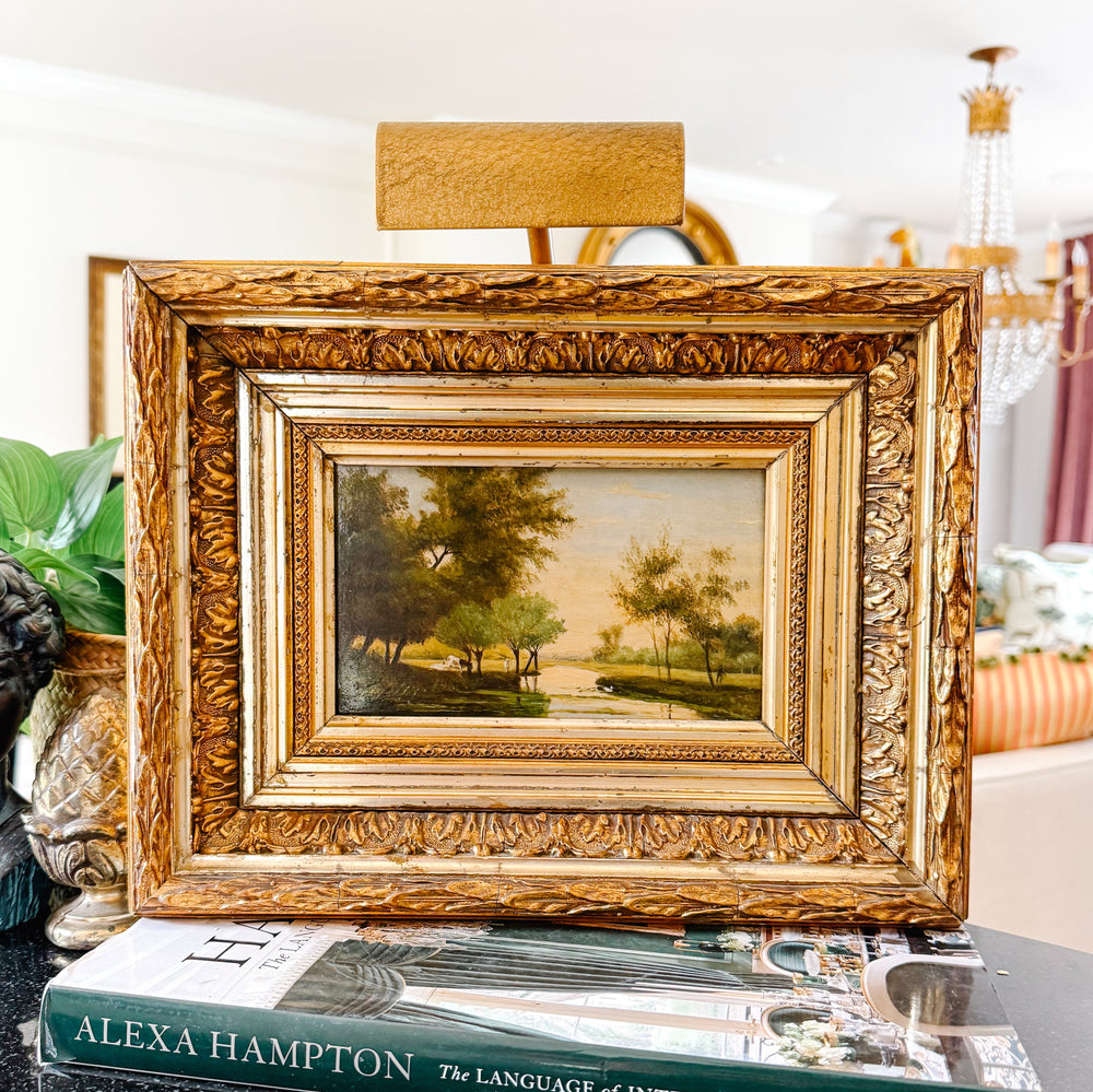 19th Century European Landscape Oil on Board Painting With Ornate Frame and Light