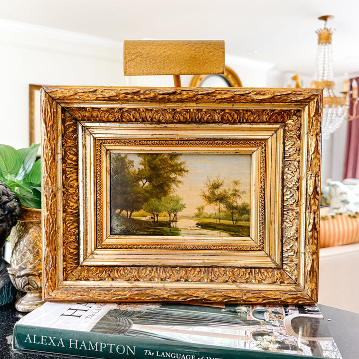 19th Century European Landscape Oil on Board Painting With Ornate Frame and Light