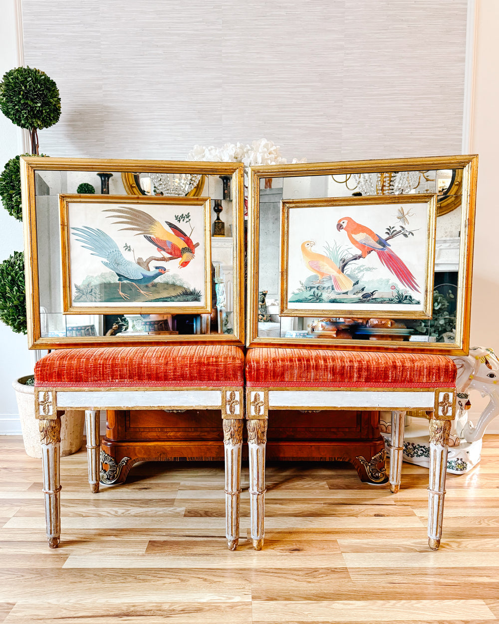 19th Century Pair of Carlo & Vittorio Raineri Exotic Bird Lithograph Prints in Antiqued Gilt Mirrored Frames