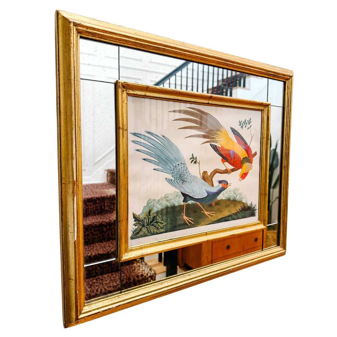 19th Century Pair of Carlo & Vittorio Raineri Exotic Bird Lithograph Prints in Antiqued Gilt Mirrored Frames