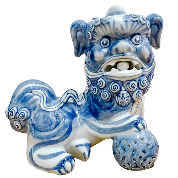 Vintage Pair Of Blue & White Shishi Guardian Lions