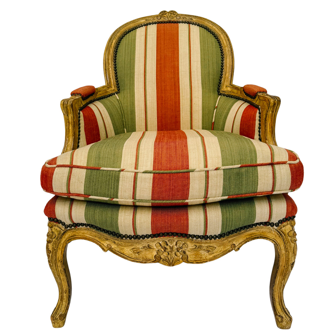 Vintage French Louis XV Bergère en Cabriolet Chairs With Striped Upholstery (11)