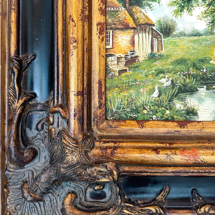 Vintage American Cottage Landscape Oil On Board Painting