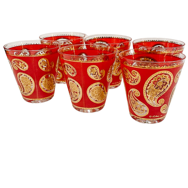 22K Gold Culver Red Paisley Double Old Fashioned Glasses