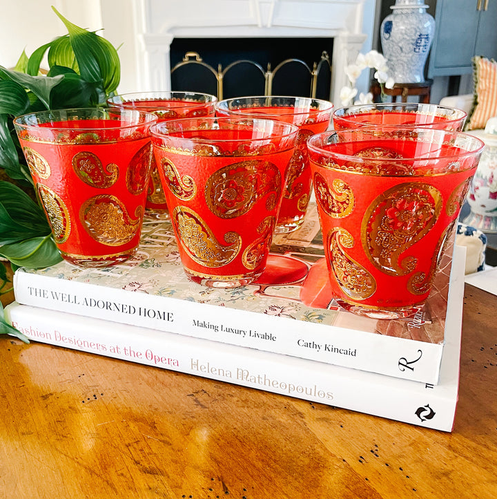 22K Gold Culver Red Paisley Double Old Fashioned Glasses