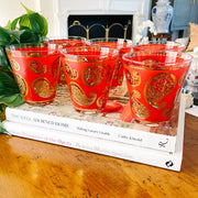 22K Gold Culver Red Paisley Double Old Fashioned Glasses