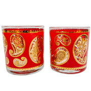 22K Gold Culver Red Paisley Double Old Fashioned Glasses