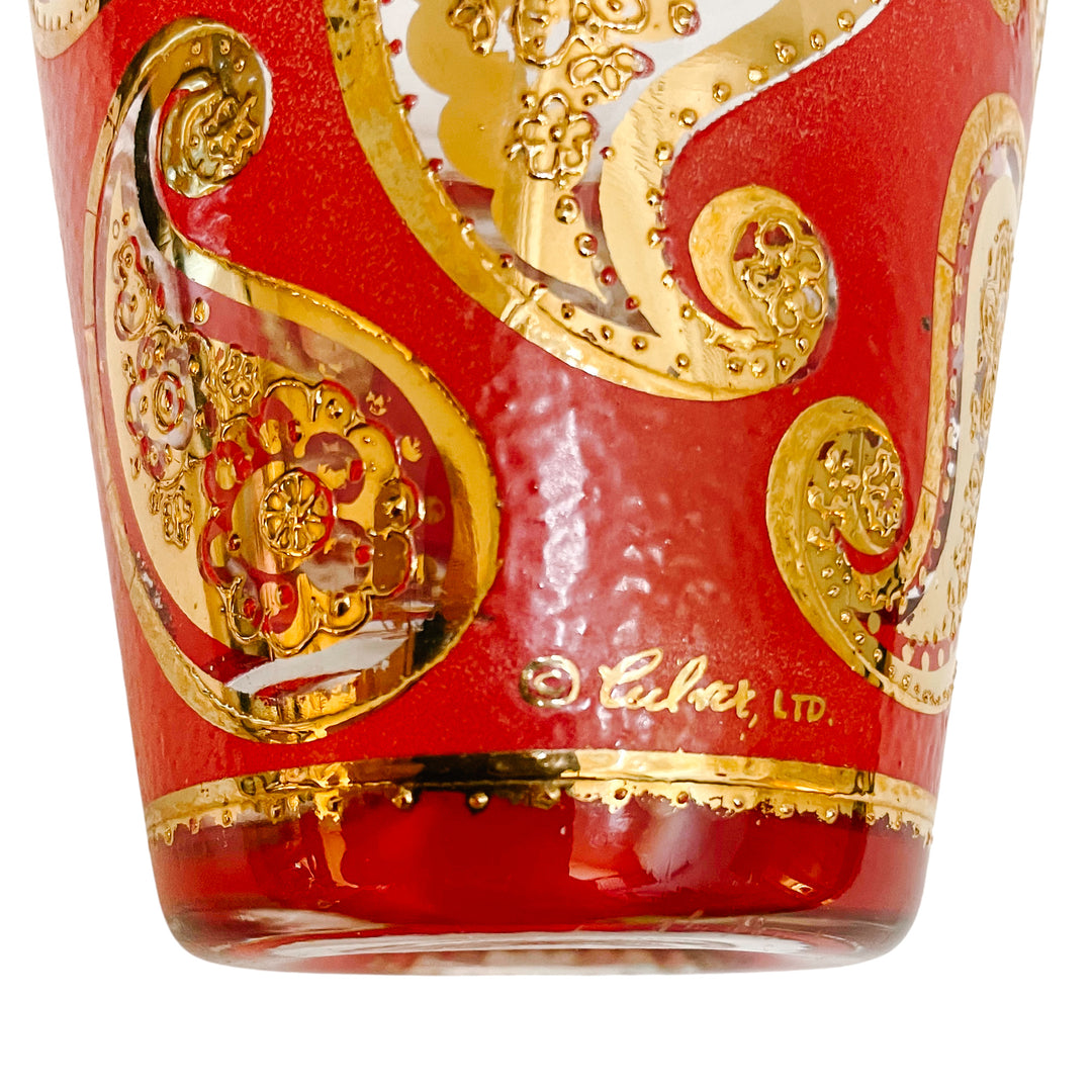 22K Gold Culver Red Paisley Double Old Fashioned Glasses