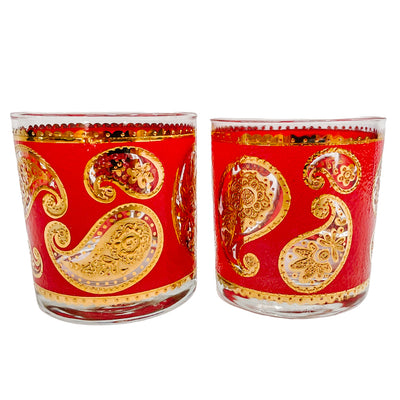 22K Gold Culver Red Paisley Double Old Fashioned Glasses