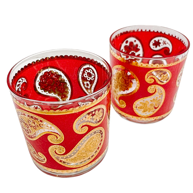 22K Gold Culver Red Paisley Double Old Fashioned Glasses