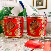 22K Gold Culver Red Paisley Double Old Fashioned Glasses