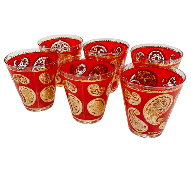 22K Gold Culver Red Paisley Double Old Fashioned Glasses