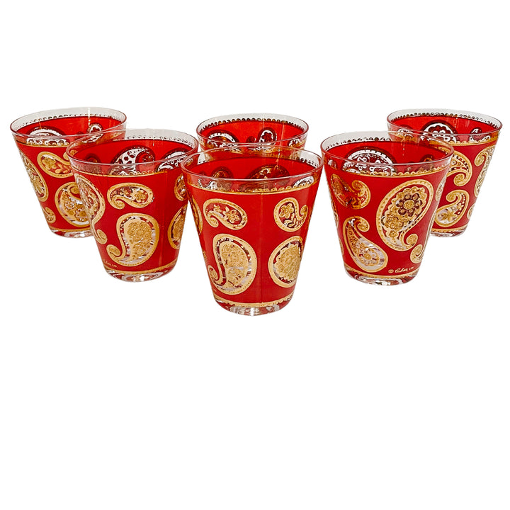 22K Gold Culver Red Paisley Double Old Fashioned Glasses