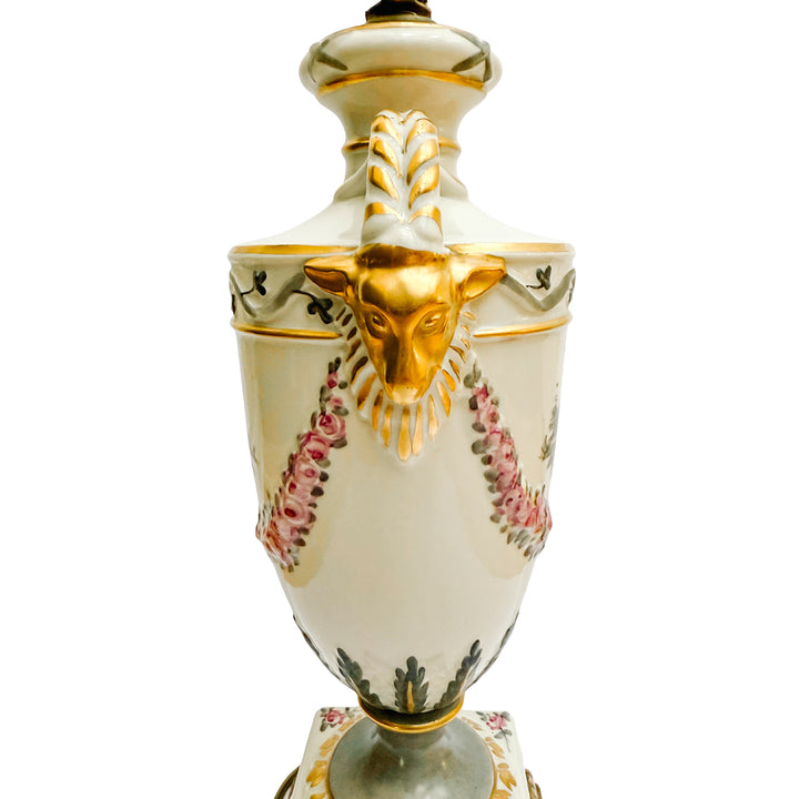 Hand-Painted Regency Style Porcelain Urn Lamp with Gilt Ram Heads