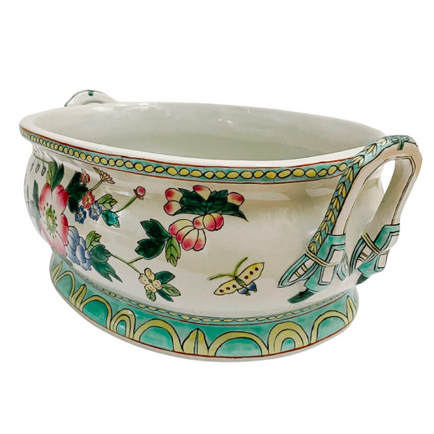 Vintage Chinoiserie Turquoise Green Floral Foot Bath Planter