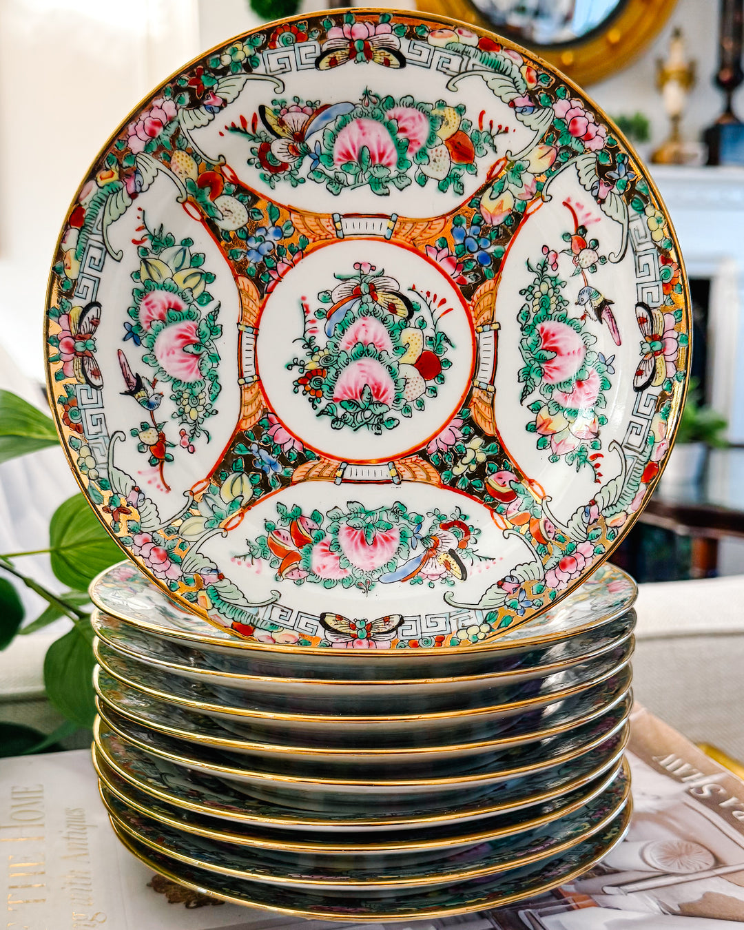 Mid-Century Famille Rose Canton Luncheon Plates, Complete Set of 12